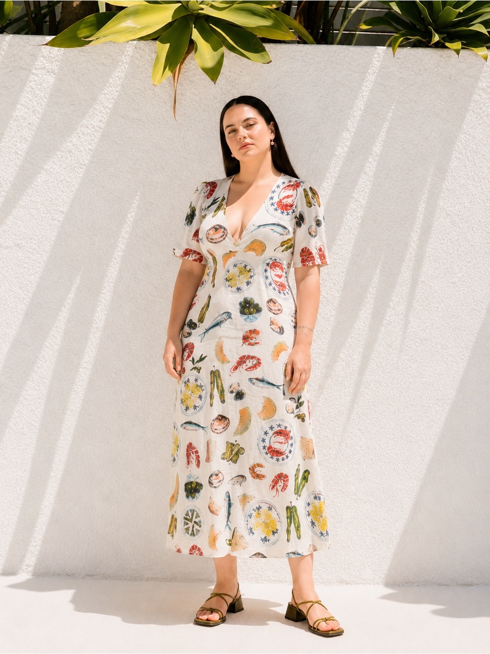 Lisa Says Gah Grace Midi Dress Tapas Print Foodie Cottagecore Size XL NWT